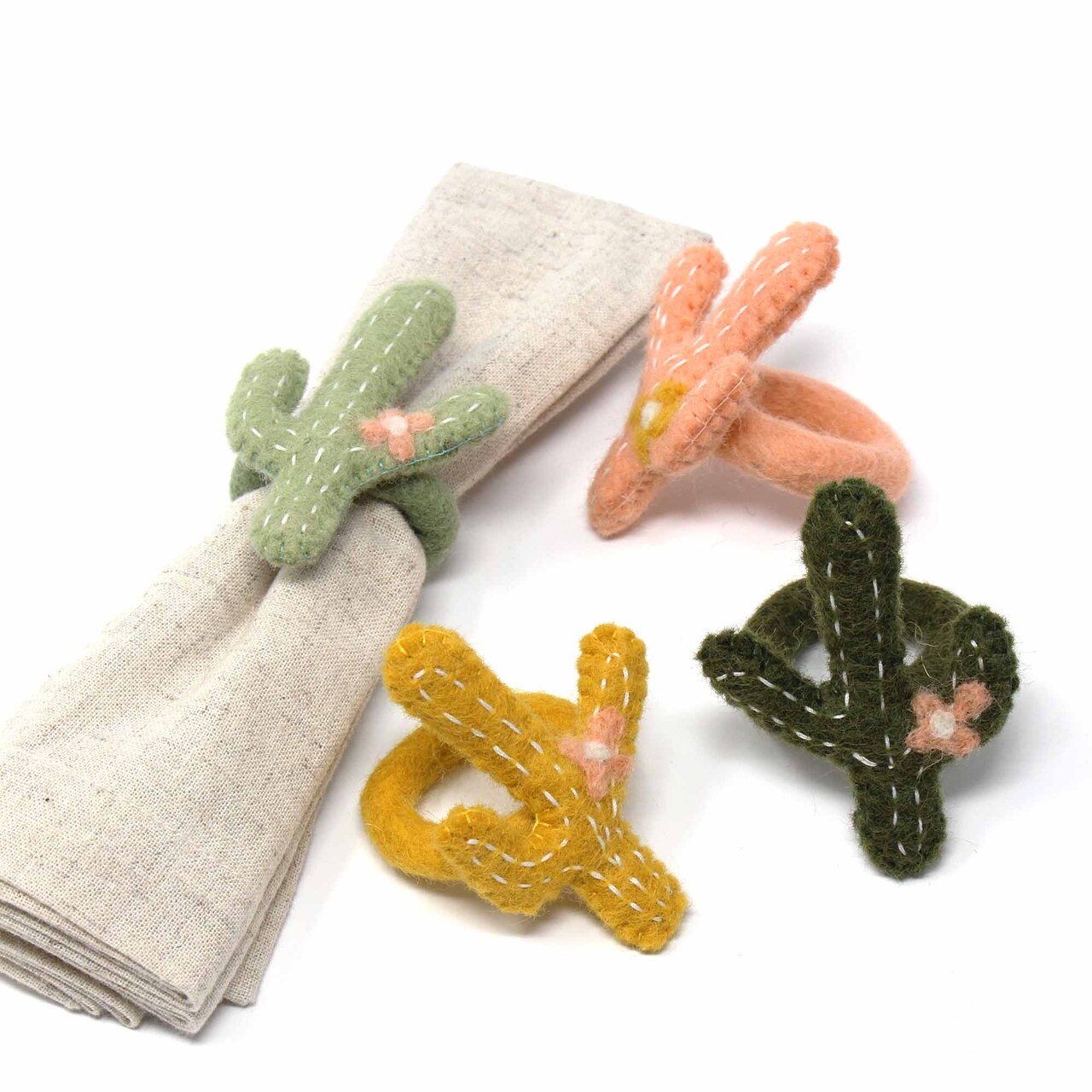 Hand Felted Cactus Napkin Rings Set of 4 Colorful Table Decor Accents